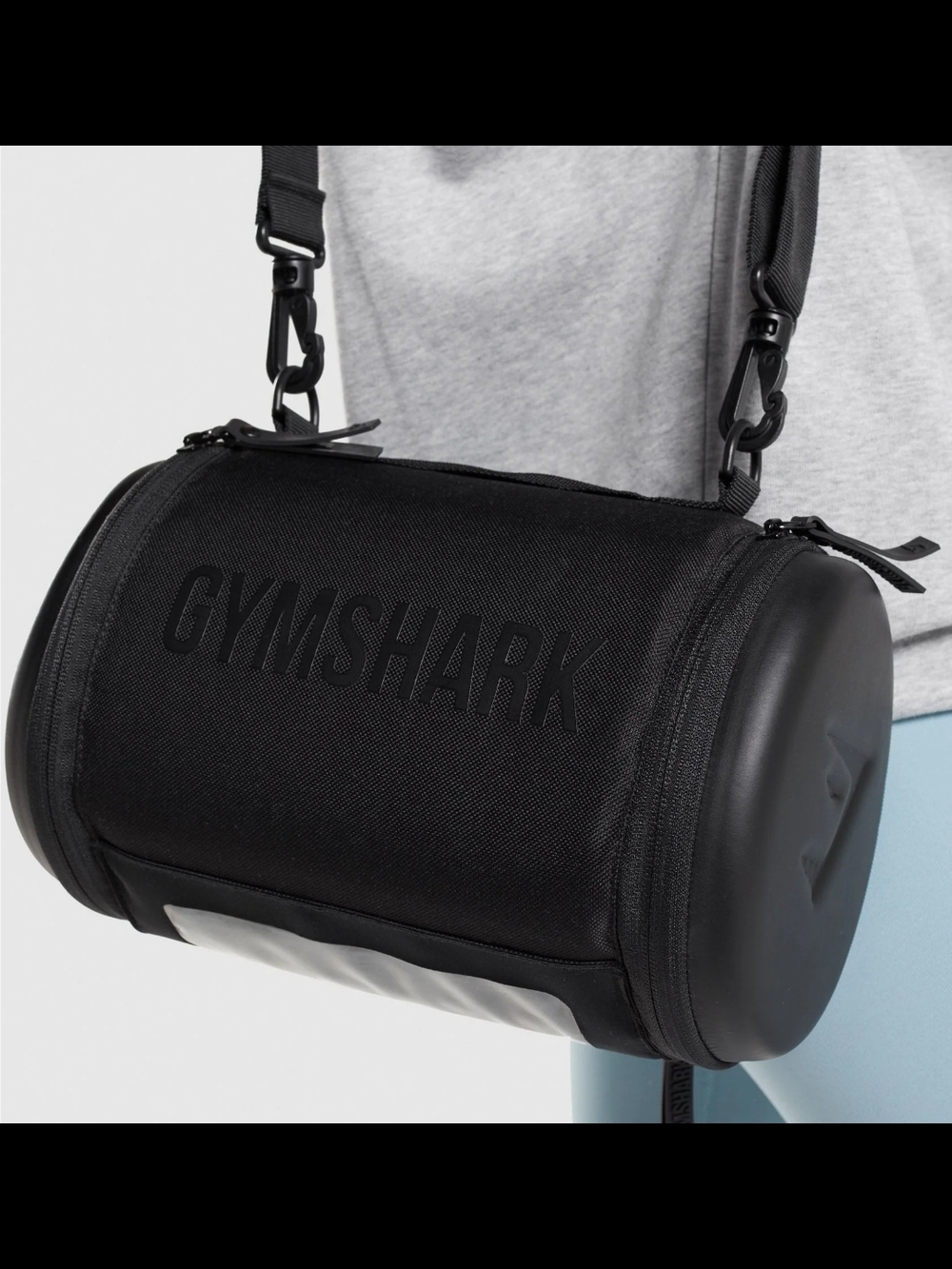 Gymshark Unisex Mini Barrel Bag Black Crossbody Strap Zipper Pockets OS